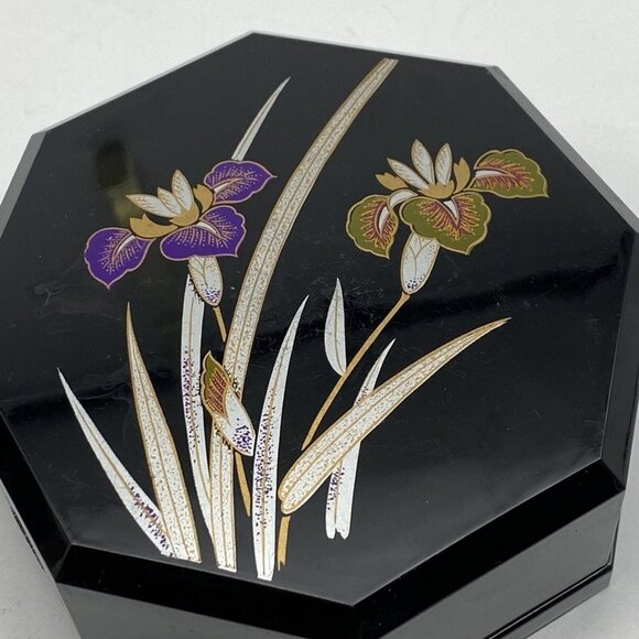 VTG Yamanaka Japan Jewelry Trinket 2pc Nesting Boxes Black Lacquerware Floral - Picture 3 of 12